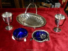 A box of silver plate items to include, an oval dish with handle, two Jubilee goblets,