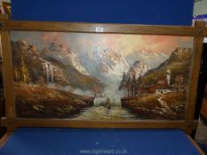 A cross framed oil on canvas depicting a mountain landscape with river, waterfalls,