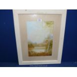 A framed and mounted Watercolour depicting a River landscape with trees and birds,