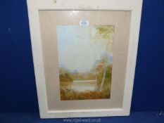 A framed and mounted Watercolour depicting a River landscape with trees and birds,