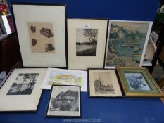 A box of pictures including black & white photos including Stokesay castle,