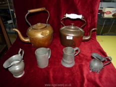 Two copper kettles ( one a/f) and four pieces of pewter including tankard, jug etc.