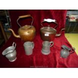 Two copper kettles ( one a/f) and four pieces of pewter including tankard, jug etc.