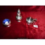 A Silver condiment set with Bristol blue glass liners, makers William Neale & Sons, Birmingham 1929,