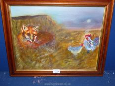 A naive Oil on canvas depicting fox and chickens.