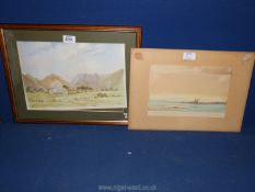 An unframed, unsigned Watercolour of Shipwreck on the beach,