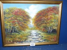 An Oil on canvas depicting a country landscape with trees and a stream running through,