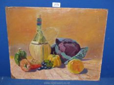 An unframed oil on board depicting a still life to include fruit, vegetable, and a bottle of wine,