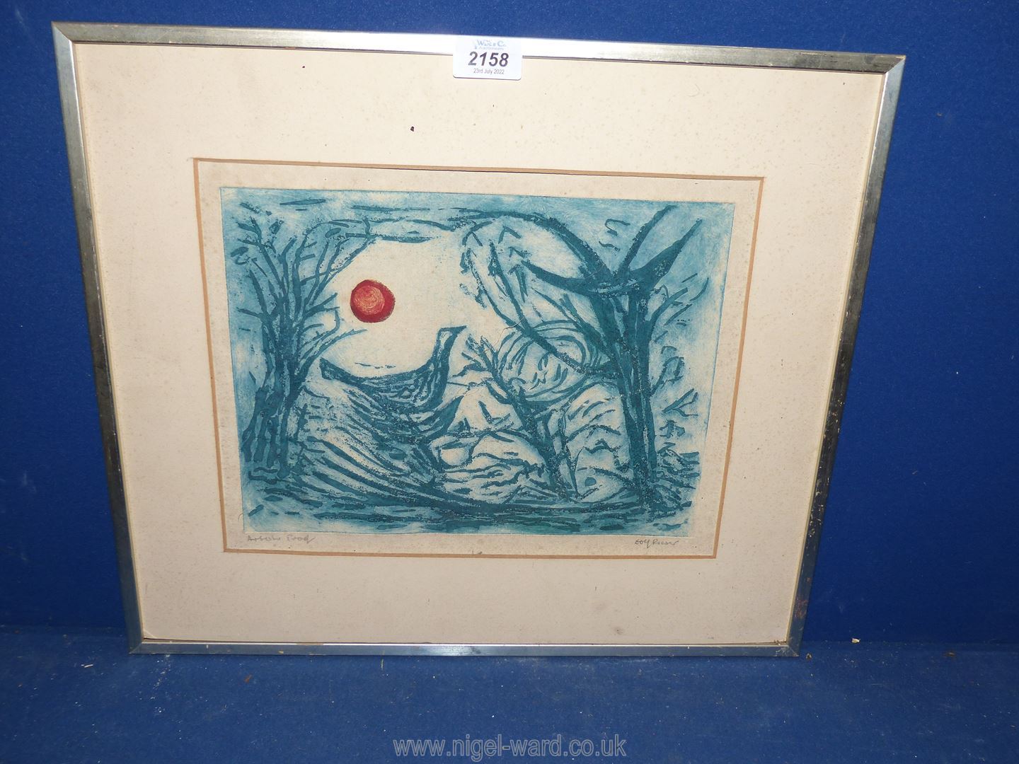 A framed but unglazed Artist's Proof of a bird sat in undergrowth with red sun setting in the