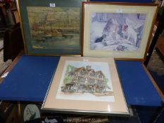 Three framed pictures to include a watercolour/ink painting by A.