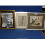 Three Oriental pictures to include a floral painting on silk, writing on hand made paper,