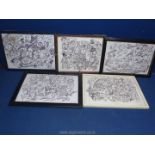 Five framed abstract Pen drawings, initialed lower right A.D.