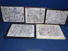 Five framed abstract Pen drawings, initialed lower right A.D.