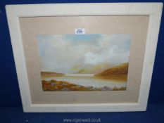 A framed and mounted Watercolour depicting a Loch scene with boats,