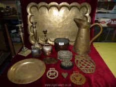 A quantity of brass including tray, jug, candlesticks, box, copper bowl etc.