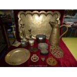 A quantity of brass including tray, jug, candlesticks, box, copper bowl etc.