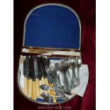 A large wooden box containing stainless steel bone handled cutlery (box a/f)