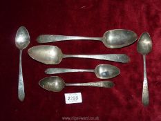 Six Dublin silver spoons dated 1791 by maker J.P- John Pittar, engraved with a hand grasping a fish.