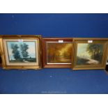 Three small framed Oil paintings depicting river and wood landscapes.