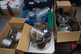 Three boxes of saucepans, frying pans, soup pans, etc.