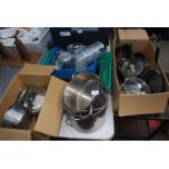 Three boxes of saucepans, frying pans, soup pans, etc.