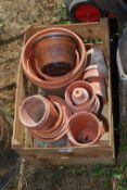 A wooden crate of old terracotta pots.