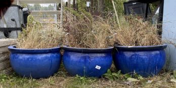 Three round blue glazed planters 16" diameter x 9 1/2" high.