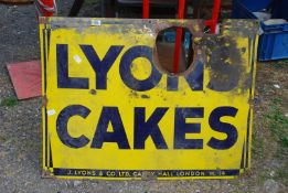 A ''Lyons Cakes'' enamel sign, a/f, 39" x 29".