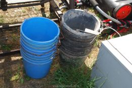 Nine blue calf plastic buckets and ten black plastic buckets.