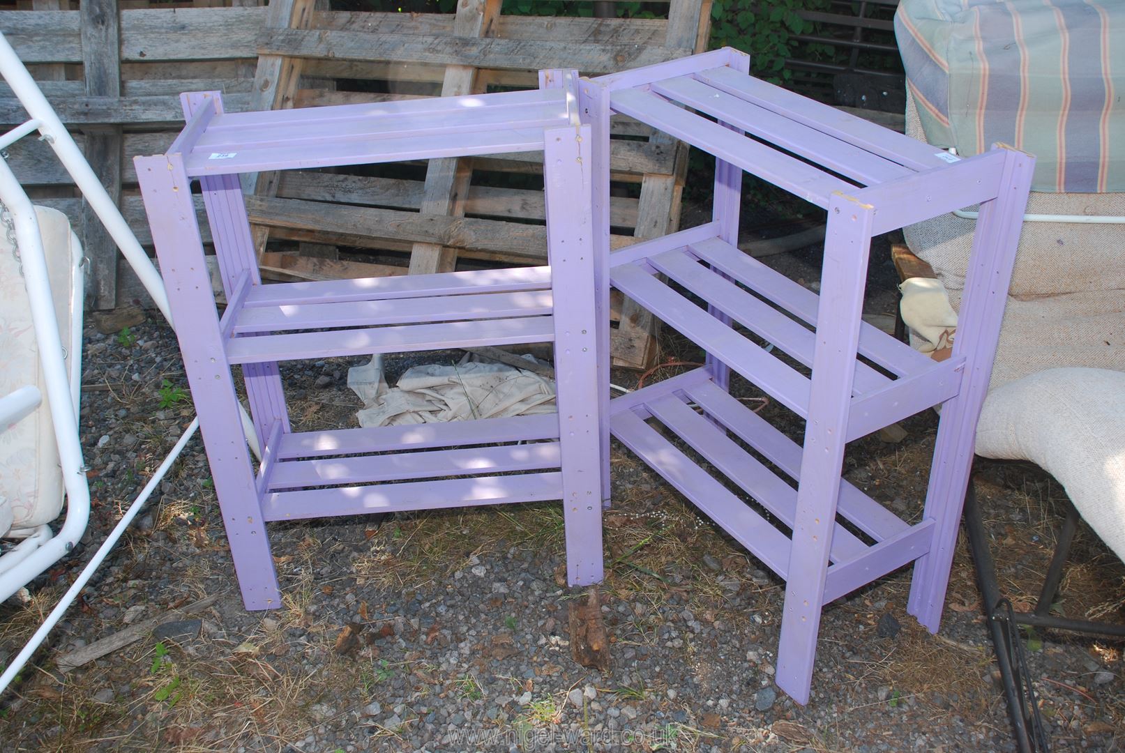 Two painted 3 tier stands, 34" high x 26" wide x 12" deep.