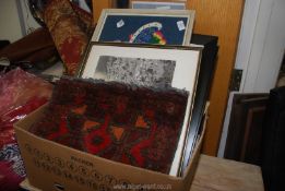 A box of framed pictures, tapestry etc.