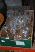 A box of glass including Decanters with stoppers and miscellaneous glasses.