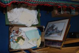 Two boxes of mixed linen and 2 prints.
