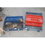Two plastic tool boxes, one containing files, spanners, etc.