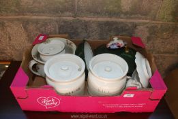 A box of miscellaneous china including Wedgwood storage jars (a/f).