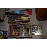 Two wooden trays of assorted tools, blow lamps, wood saws etc.