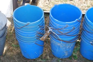 Eighteen blue calf plastic buckets.