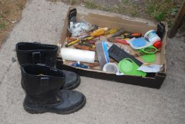 A pair of UK size 10 Site black work boots in box, with mixed tools, etc.