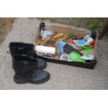 A pair of UK size 10 Site black work boots in box, with mixed tools, etc.