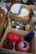 Two boxes of horse shoes, glass vases, brassware, travel clock, basket etc.