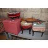A pair of bellows, tapestry top stools and a small Ottoman.