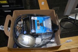 A box of electrical cables, HP Webcam etc.