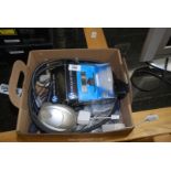 A box of electrical cables, HP Webcam etc.