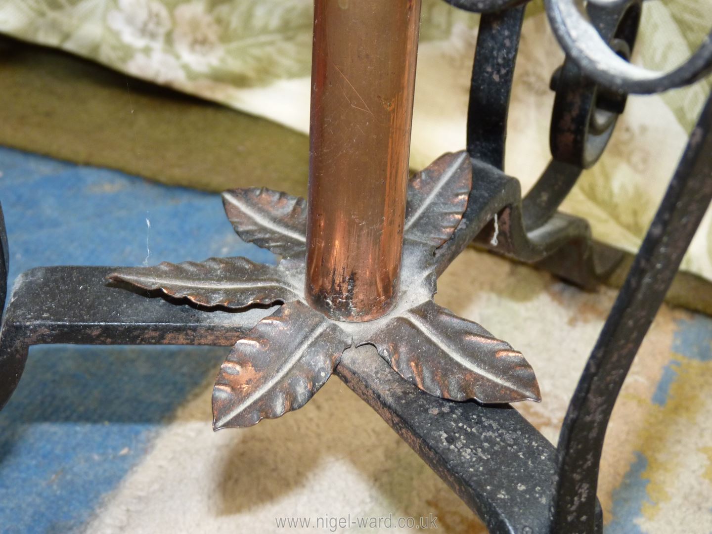 A wrought iron metal music stand with copper column, 49'' tall overall. - Image 3 of 3