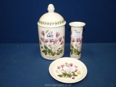 Three pieces of Portmeirion 'Cyclamen Repandum', Botanical Garden series to include lidded jar,