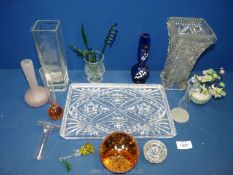 A small quantity of glass including glass tray with bud vases, glass flowers,