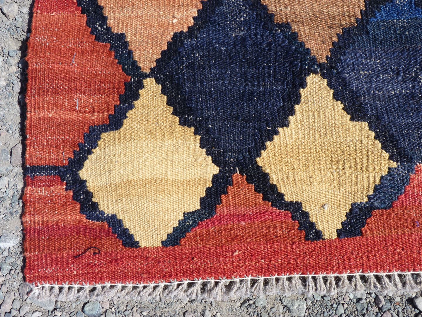 A large pure wool Afghan Chobi handmade Kilim Carpet, in orange, beige and blue geometric pattern, - Image 2 of 4