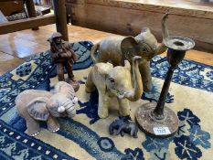 A quantity of miscellanea including two elephants shaped from horn, French shepherd figure,
