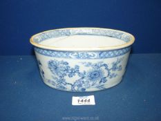 An unusual Chinese 18th c. blue and white deep sided oval bowl, a/f, 8'' wide x 3 1/2'' high.