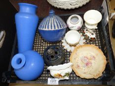 A quantity of miscellaneous china including two blue china vases, a pottery vase and covered bowl,